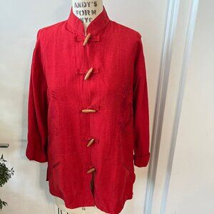 Vintage Red Raw Silk Embroidered Jacket Size Large